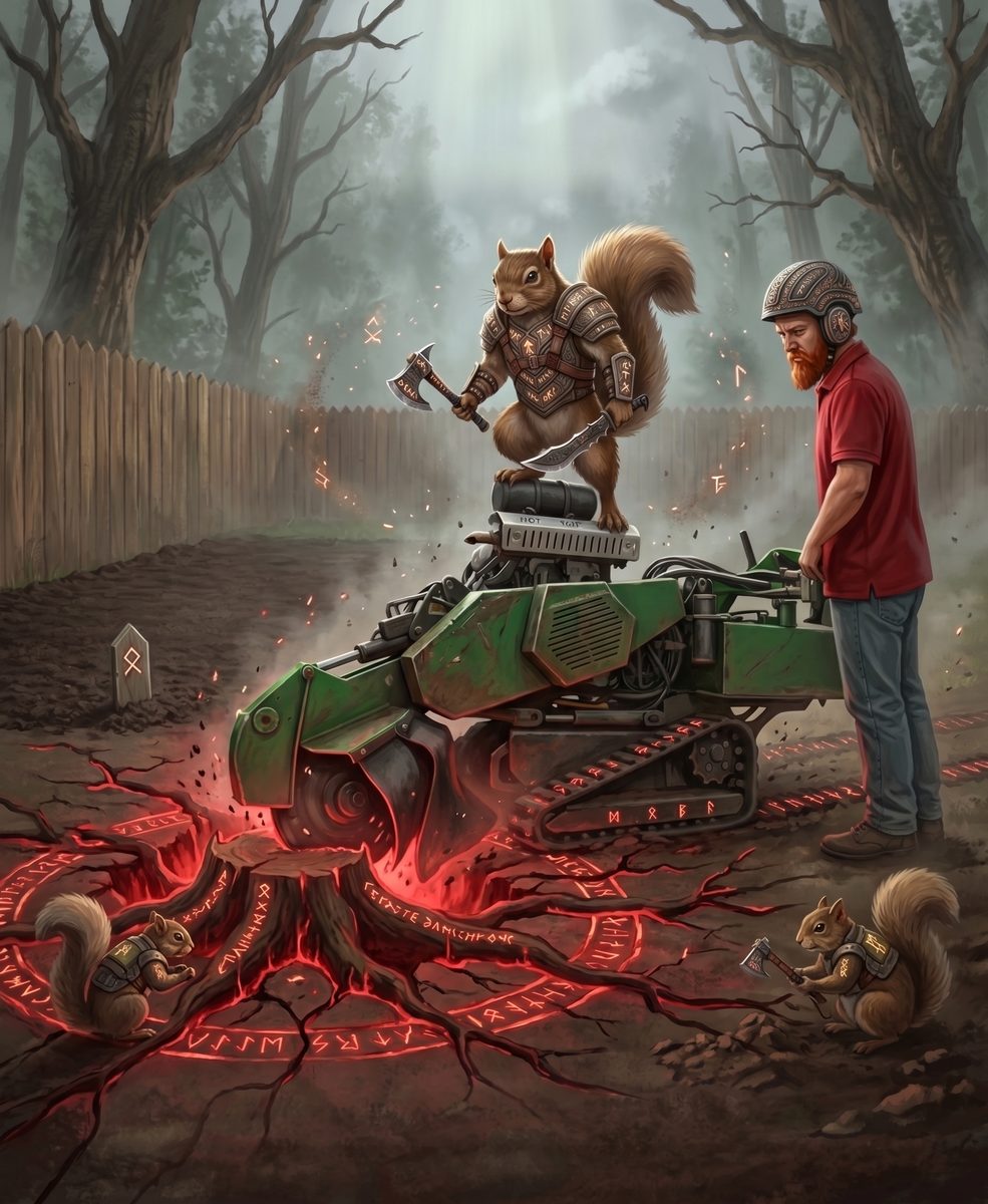 Illustrated armored squirrel standing atop a stump grinder over a glowing ritual circle