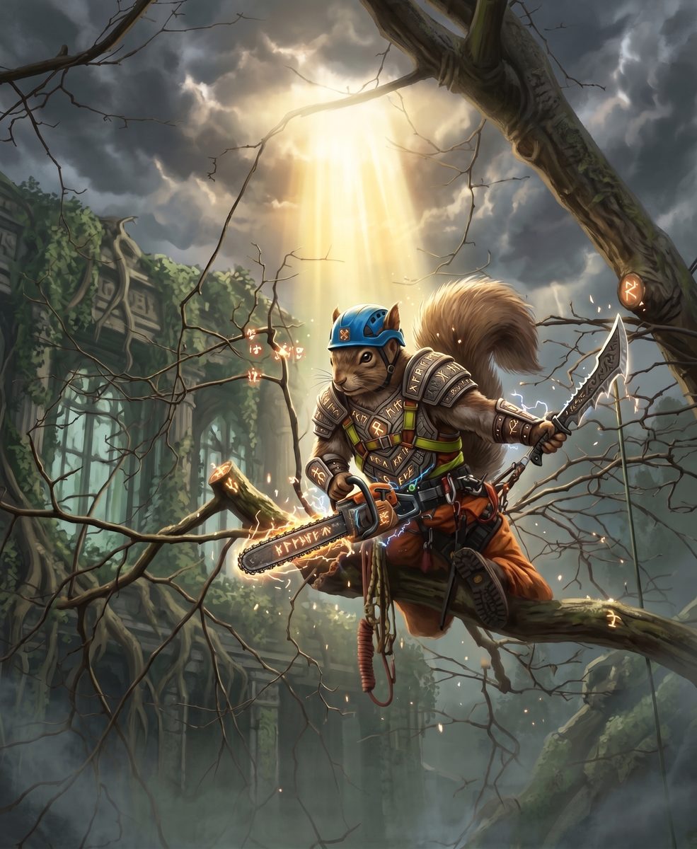 Illustrated armored squirrel warrior pruning a branch high in a tree with a glowing rune-etched chainsaw