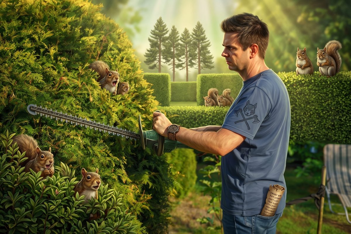 Illustrated crew member trimming a hedge as squirrels peek out from the branches